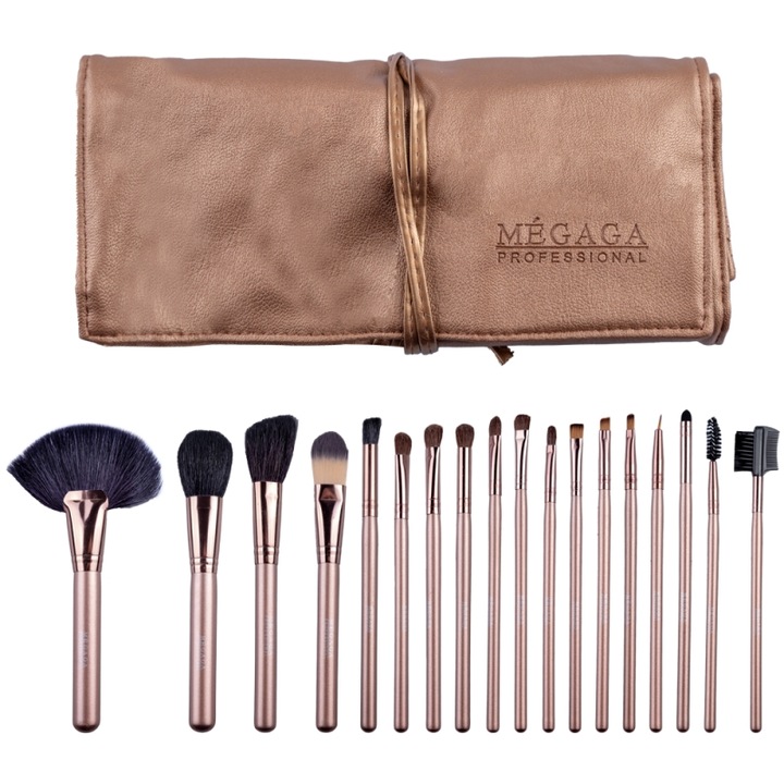Set 18 pensule machiaj cu husa, par natural, Megaga Make-Up Professional