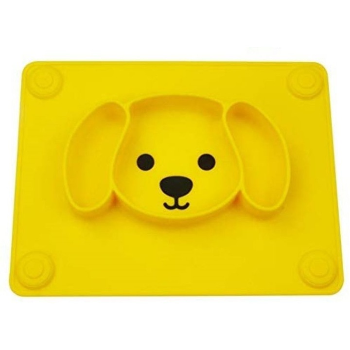 Farfurie compartimentata din silicon FizioTab®, castron de invatare pentru copii cu ventuze, forma catelus, 25.5 cm X 19.5 cm, Galben