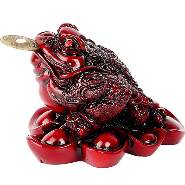 Broasca norocoasa Feng Shui, pe soclu de monede si pepite, piatra rosu 9 cm