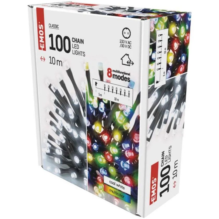 Instalatie luminoasa LED Emos by Legrand, 10 metri, 100 LED-uri cu lumina alba, rece/multicolor, cablu PVC negru, protectie IP44