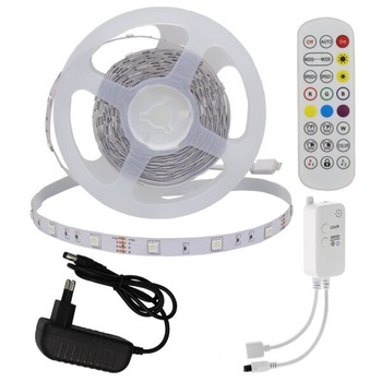 Kit Banda LED, 12W, RGB, SMD 5050, 30 LED-uri, Muzica Bluetooth, 5 metri cu Controller si Alimentator Kit Banda LED, 12W, RGB, SMD 5050, 30 LED-uri, Muzica Bluetooth, 5 metri cu Controller si Alimentator