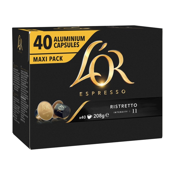 Кафе капсули, L'or espresso ristretto, Интензивност 11, Съвместими със системата nespresso, 40 броя