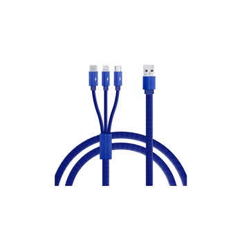 Cablu de incarcare 3 in 1 USB - Lightning, USB-C, Micro USB, lungime 1.2M, Albastru Cablu de incarcare 3 in 1 USB - Lightning, USB-C, Micro USB, lungime 1.2M, Albastru