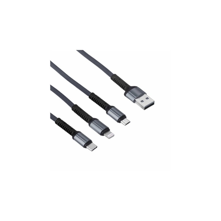 Soho 3 az 1-ben töltőkábel, USB - Lightning, USB-C, Micro USB, hossza 1,2 M, szürke