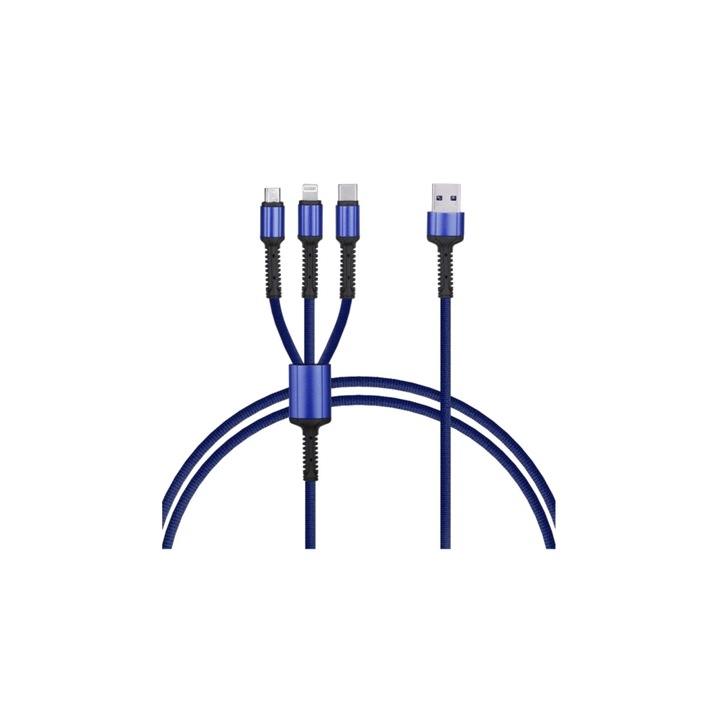 Soho 3in1 USB töltőkábel, Lightning/USB-C/Micro USB, 1,2 m, Kék