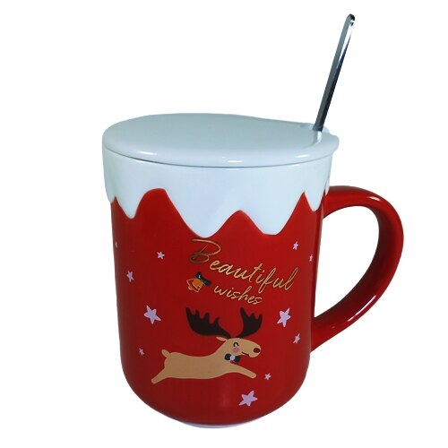 Cana cu lingurita si capac, model Ren, Craciun, 300ml, Rosu, Alb