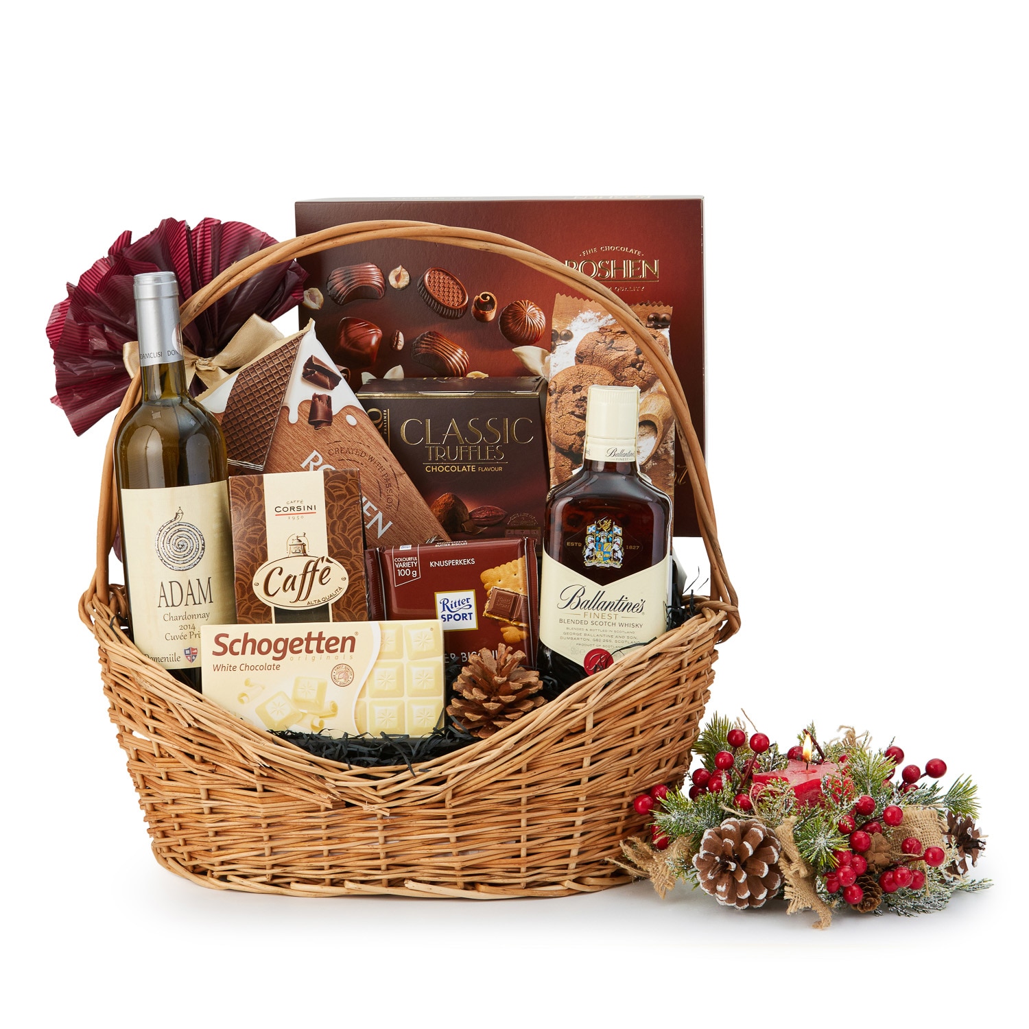 Cos cadou MB 4 whiskey Ballantine's finest scotch 500 ml si vin alb Adam chardonnay cuvee 750 ml, 2 kg