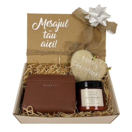 Set cadou femei, Hug in a box, portofel piele Bugatti, cristale de baie