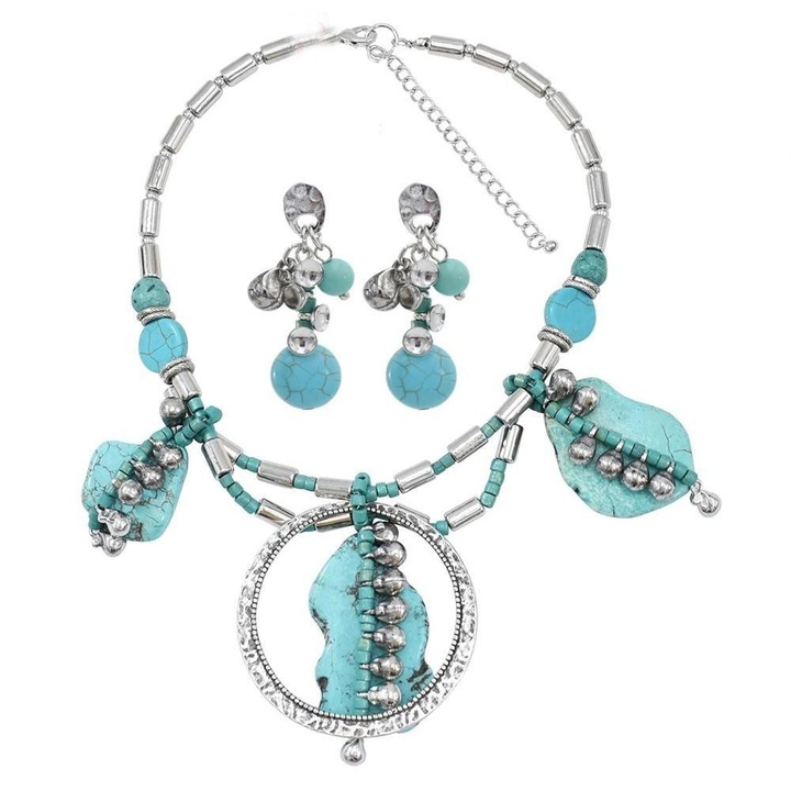 Set colier si cercei, argintiu, cu pietre turquoise, Sanni C8, Pursehuit