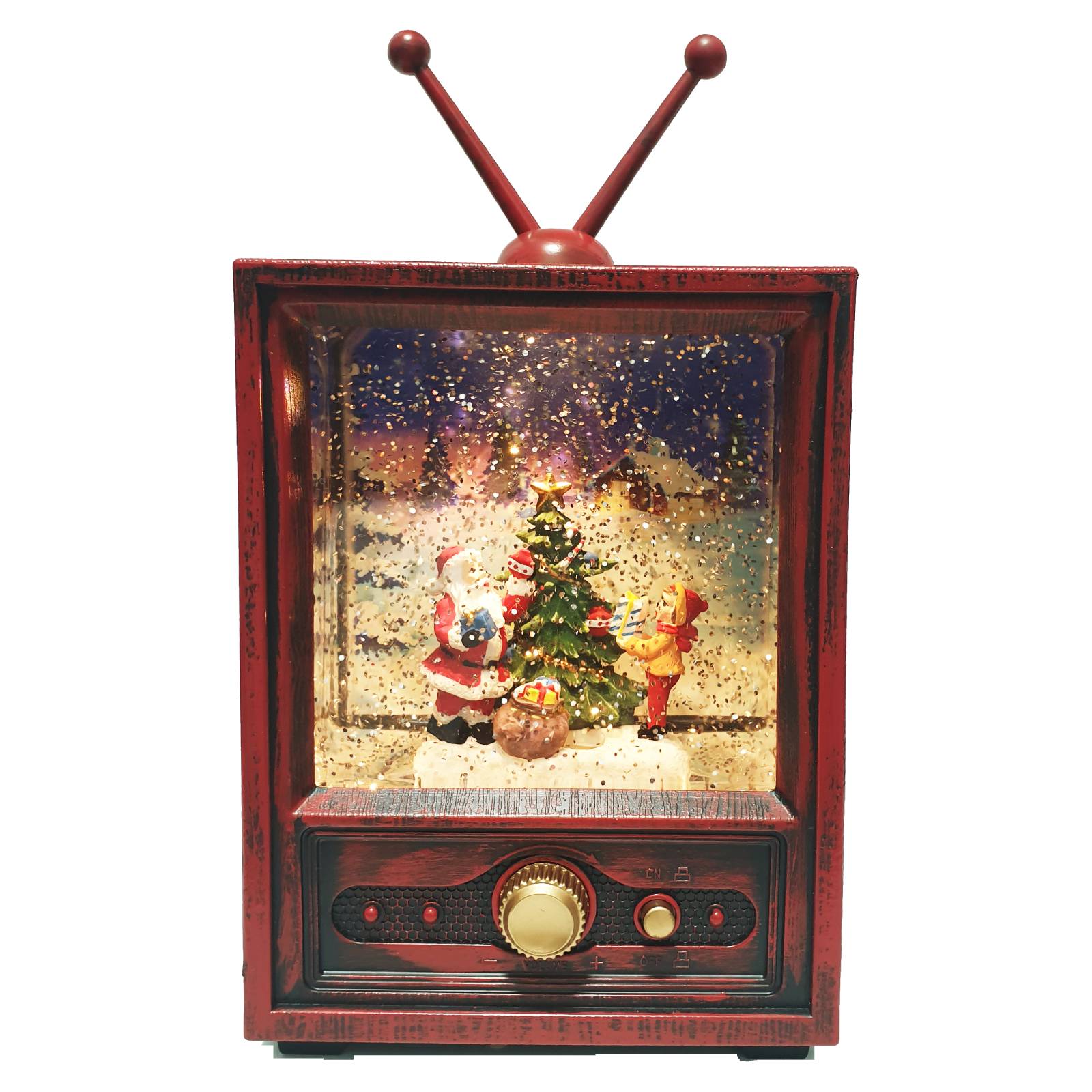 Decoratiune muzicala de Craciun, forma de TV, cu lumina LED si zapada in miscare, 17 cm