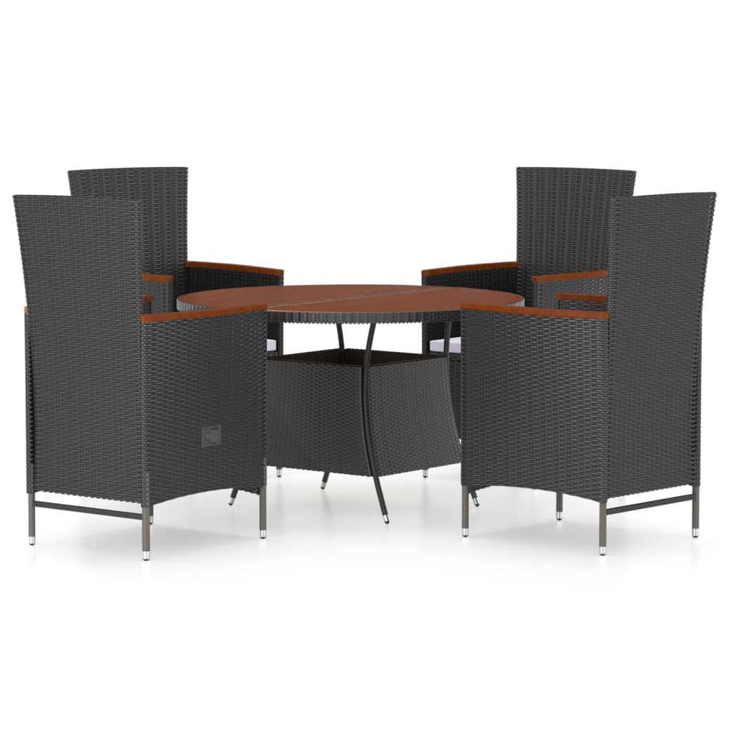Set mobilier de exterior cu 4 fotolii rabatabile cu perne si 1 masa rotunda cu blat din lemn masiv vidaXL, Poliratan, 115 x 74 cm, Negru