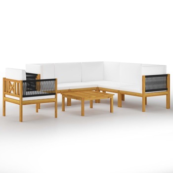 Set mobilier de gradina cu 3 canapele de colt, 2 de mijloc, 1 fotoliu cu perne si 1 masa vidaXL, Lemn de acacia, 63 x 63 x 30 cm, Maro/Crem Set mobilier de gradina cu 3 canapele de colt, 2 de mijloc, 1 fotoliu cu perne si 1 masa vidaXL, Lemn de acacia, 63 x 63 x 30 cm, Maro/Crem