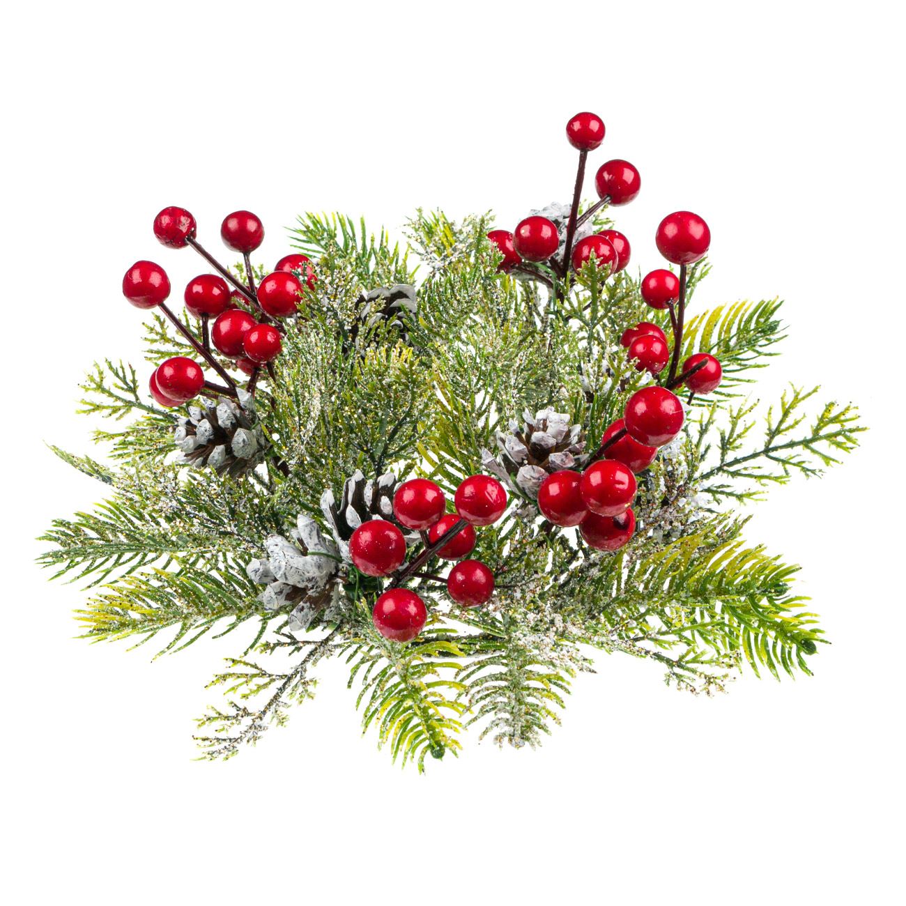 Aranjament decorativ pentru masa de Craciun, model coronita de pus lumanare cu conuri si fructe rosii, 24 cm, Verde