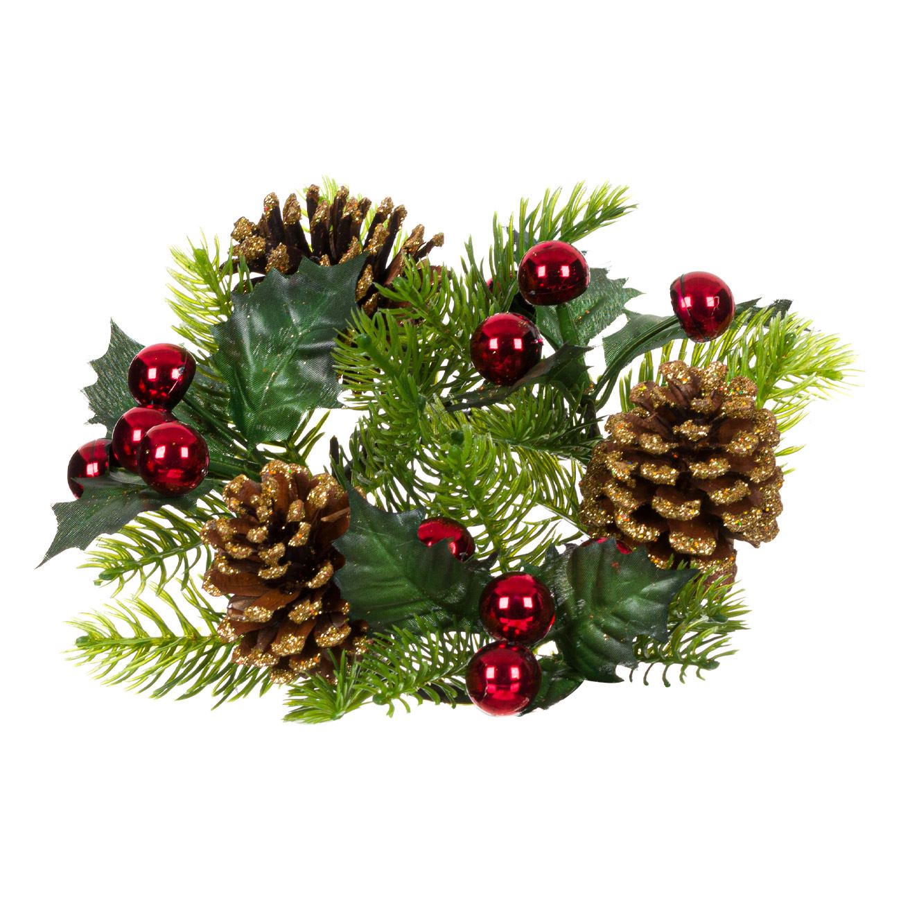 Aranjament decorativ pentru masa de Craciun, model coronita de pus lumanare cu conuri, Fructe, Glitter, 23 cm, Multicolor