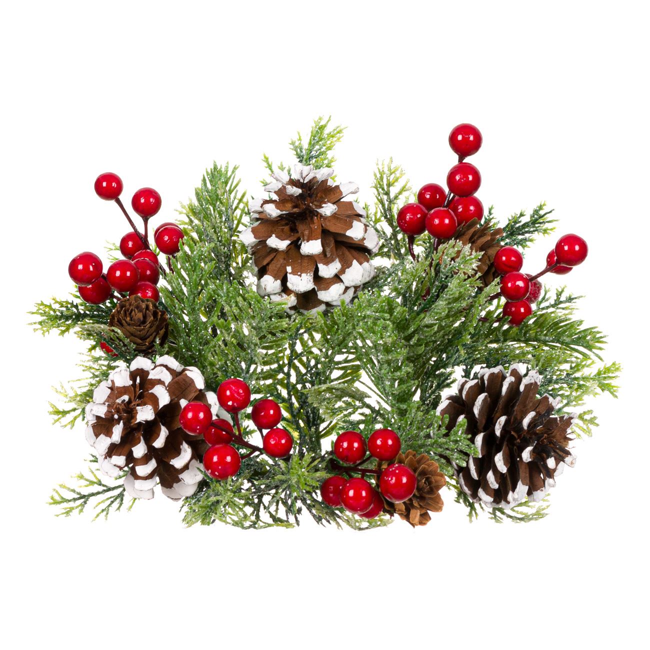 Aranjament decorativ pentru masa de Craciun, model coronita cu 3 conuri si fructe rosii, 24 cm, Verde