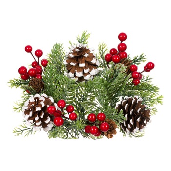 Aranjament decorativ pentru masa de Craciun, model coronita cu 3 conuri si fructe rosii, 24 cm, Verde Aranjament decorativ pentru masa de Craciun, model coronita cu 3 conuri si fructe rosii, 24 cm, Verde