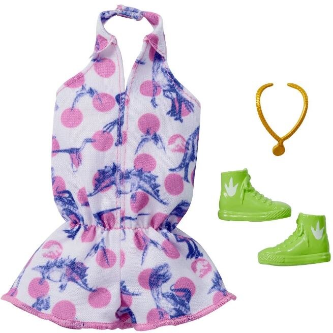 Set imbracaminte papusi Barbie, pachet Jurasic World cu rochie si adidasi, 3 ani+