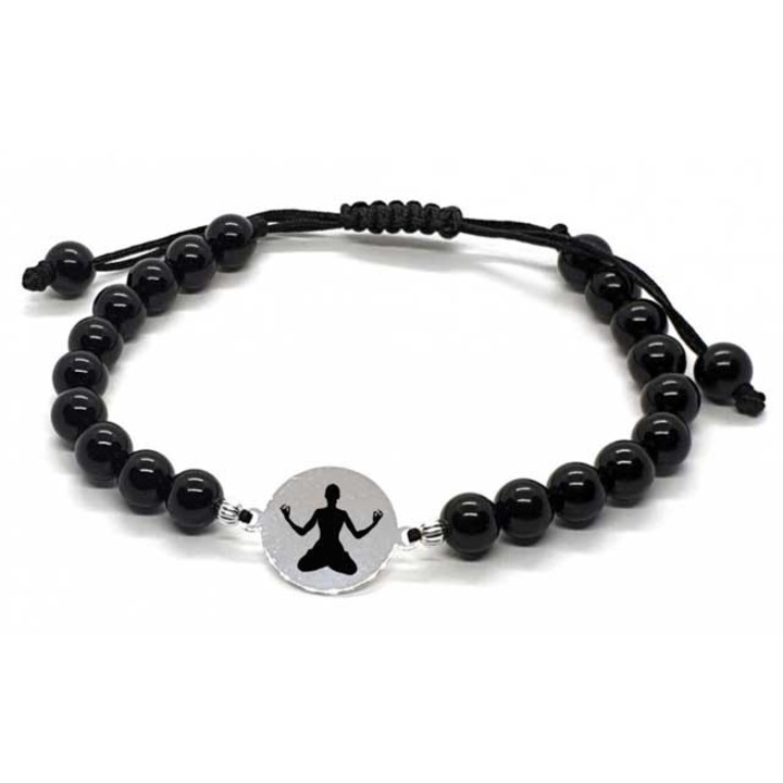 Bratara onix si banut argint gravat yoga, byRetroChique, marime reglabila 16-24 cm