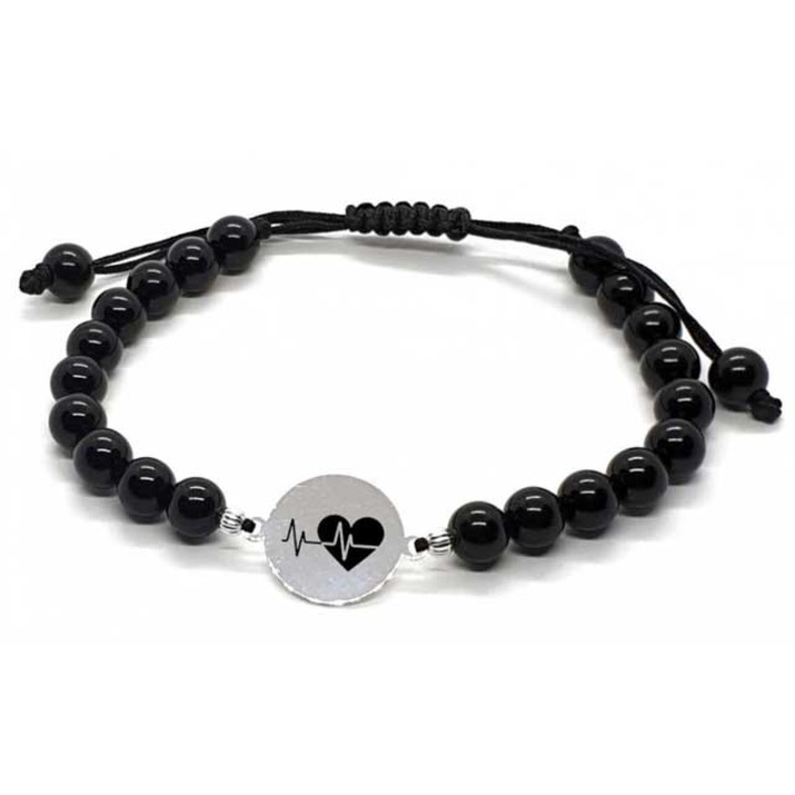 Bratara onix si banut argint gravat EKG inima plina, byRetroChique, marime reglabila 16-24 cm