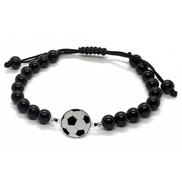 Bratara onix si banut argint gravat minge fotbal, byRetroChique, marime reglabila 16-24 cm