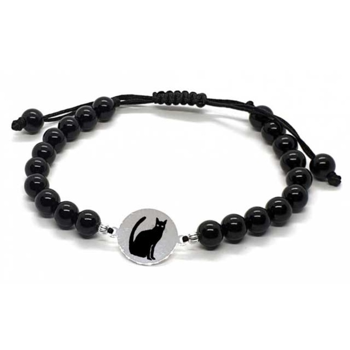 Bratara onix si banut argint gravat pisica neagra, byRetroChique, marime reglabila 16-24 cm