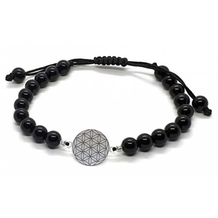 Bratara onix si banut argint gravat floarea vietii, byRetroChique, marime reglabila 16-24 cm