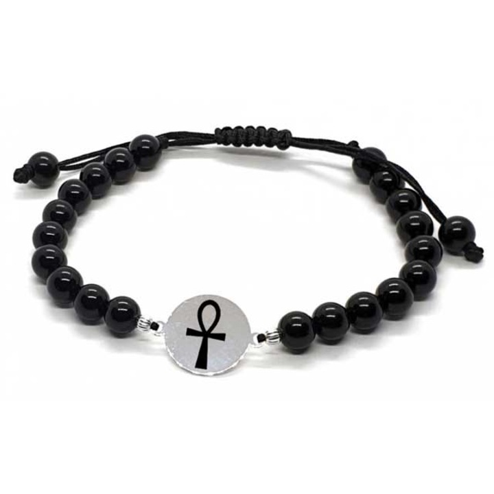 Bratara onix si banut argint gravat cruce Ankh, byRetroChique, marime reglabila 16-24 cm