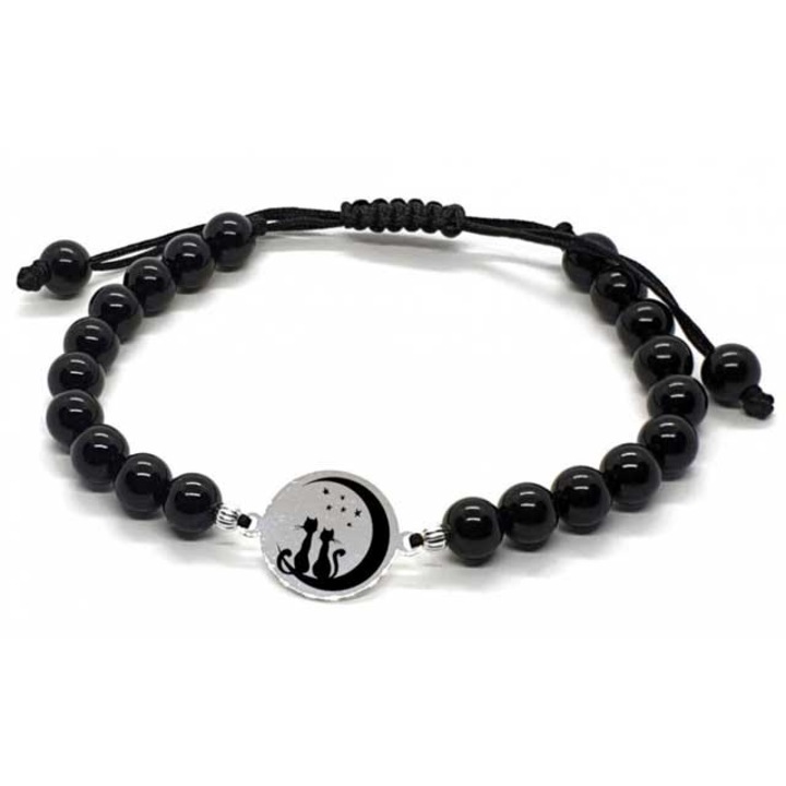 Bratara onix si banut argint gravat pisici pe luna, byRetroChique, marime reglabila 16-24 cm