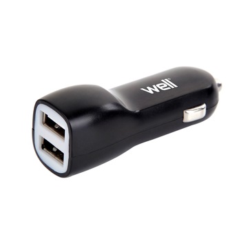 Alimentator USB bricheta auto 2 iesiri 3.1A, Negru Well Alimentator USB bricheta auto 2 iesiri 3.1A, Negru Well