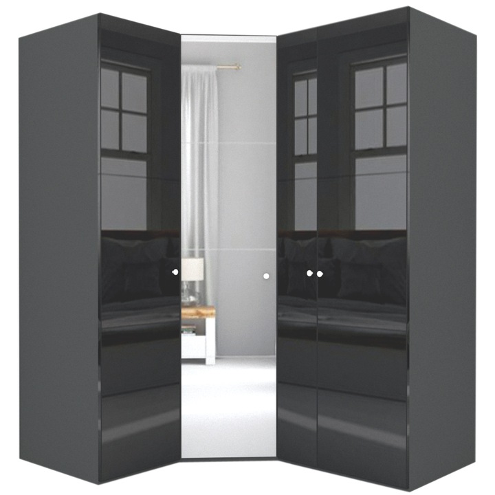 Dulap de Colt Genarom LEX Model A, Negru Lucios / Oglinda, 153-178 x 240 x 66 cm