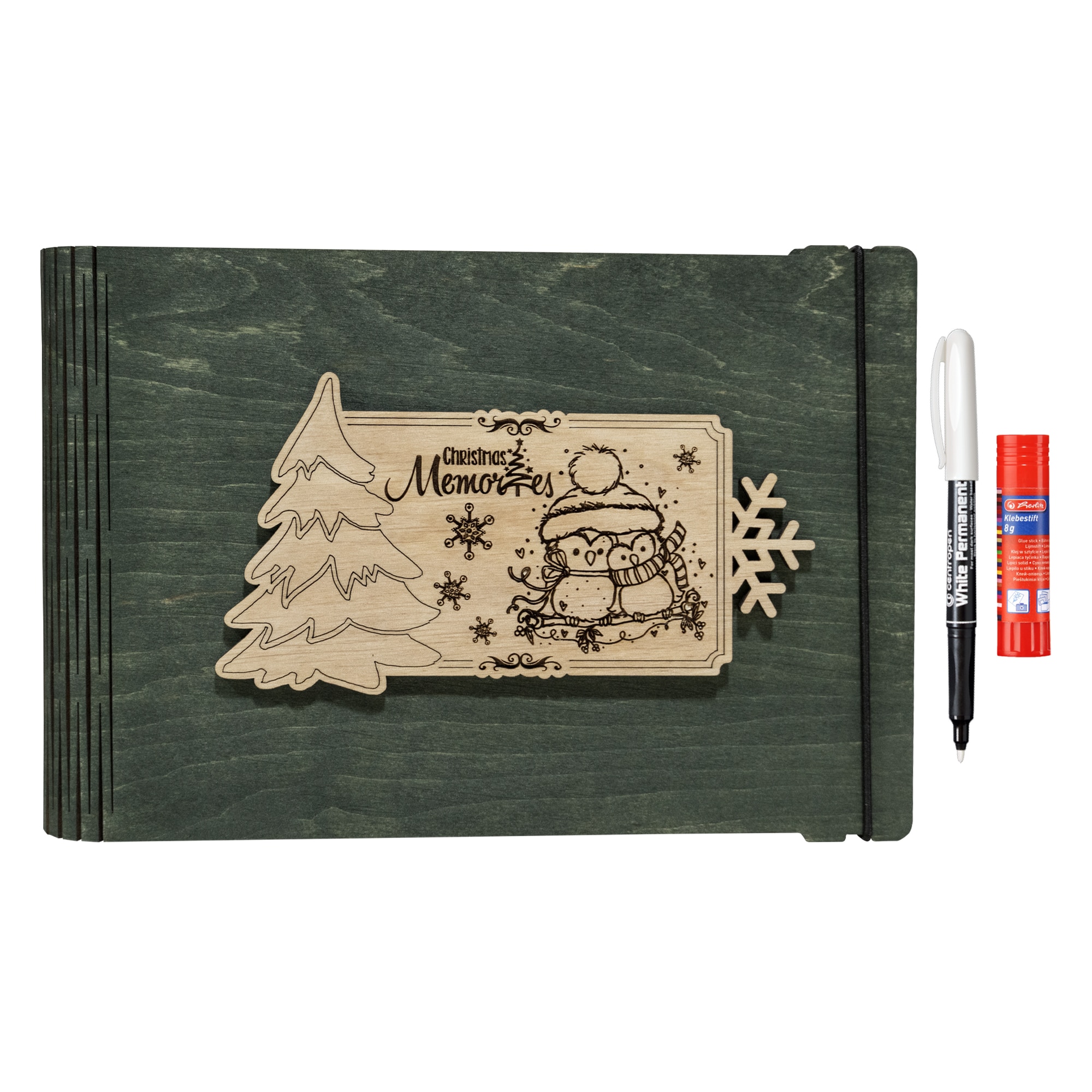 Album foto / GuestBook din lemn VintageBox realizat prin gravare model Dragostea tine de cald, Christmas Memory, Verde