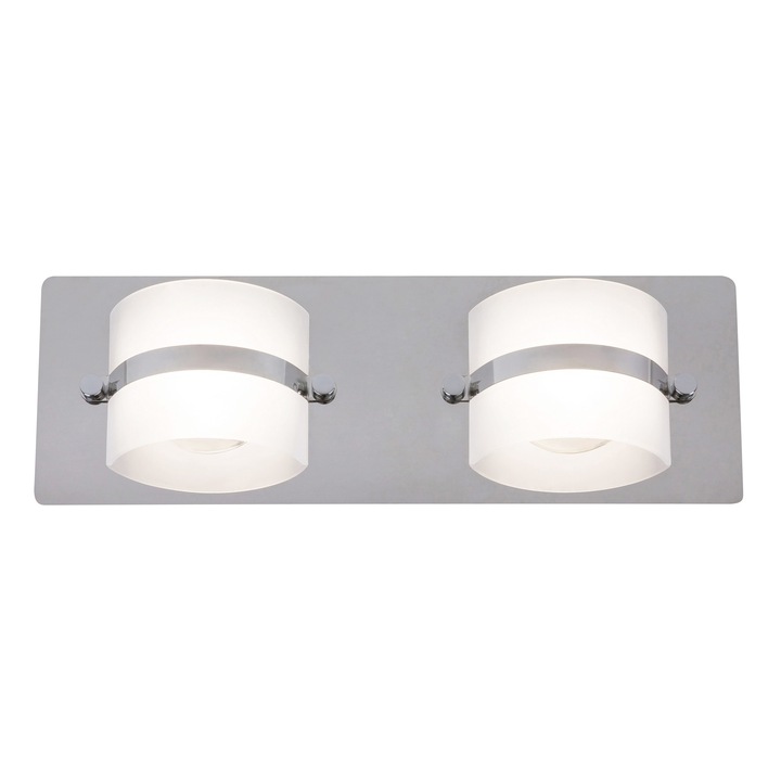 Aplica LED pentru baie DacEnergy©, structura cromata si doua dispersoare din plastic, 2 x 5W, IP44, 330 x 115 x 75 mm, alba