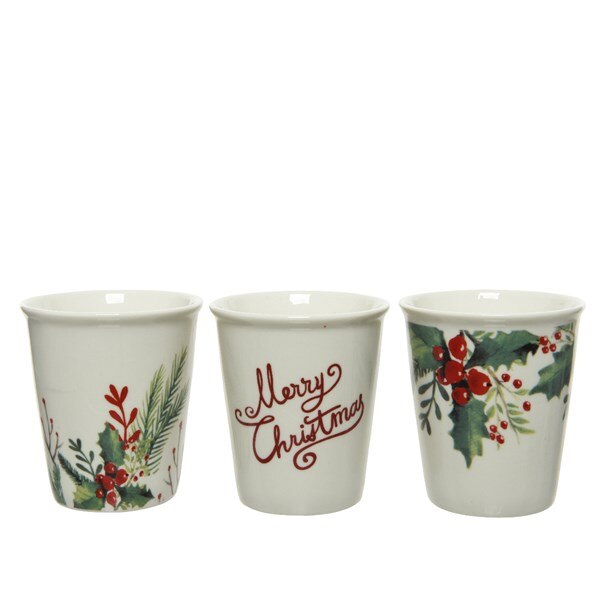 Set 3 cani - Wreath and Merry Christmas, Portelan, 170 ml, Alb