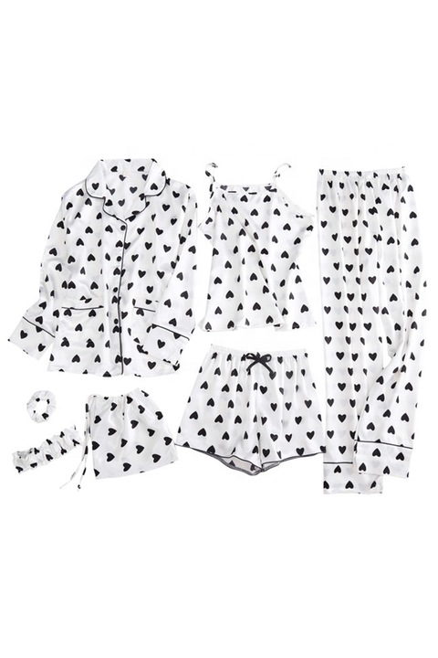 Дамска пижама 4 в 1, държавни дрехи вкъщи, 7 части, сатен, риза, потник, дълги панталони и къси панталони, сини със сърца, EFAYN.RO, Бял