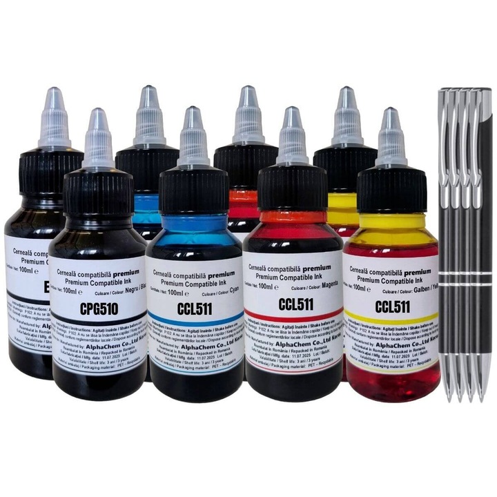 Pachet Flacon Cerneala Compatibil AlphaChem Canon 2x100 PG-510 Negru 2x100 CL-511C Cyan 2x100 CL-511M Magenta 2x100 CL-511Y Galben, 4xPix CNX201