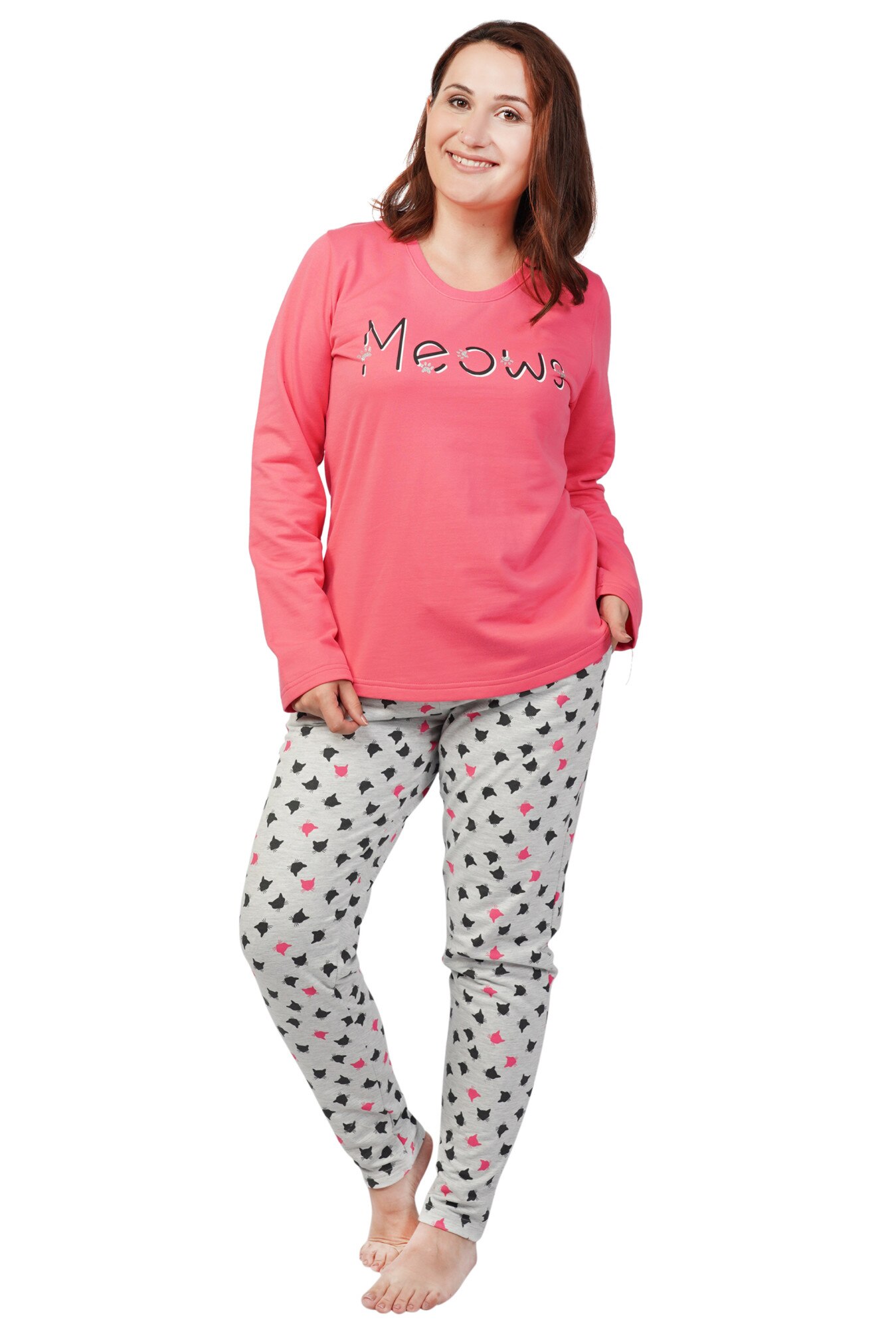 Pijama vatuita dama Vienetta ,model Meows, rosu/gri melange