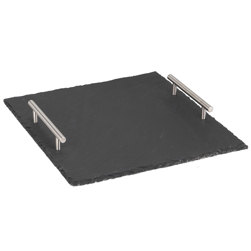 Platou servire/prezentare Quasar & Co., patrat 30 x 30 cm, cu manere si picioruse suport, ardezie, negru