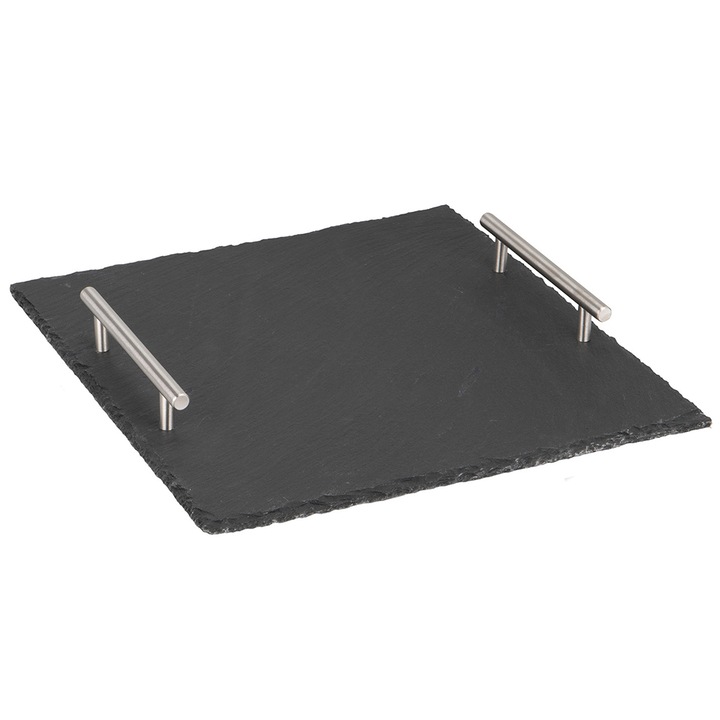 Quasar & Co. Tálaló tál, négyzet alakú, 30 x 30 cm, előétel/desszert tányér, fogantyúval, palából, fekete