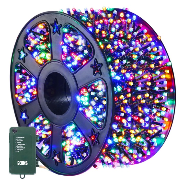 Instalatie De Craciun Liniara SIKS, Pentru Interior/Exterior, Rola 30 m, Jocuri De Lumini, Multicolor, Fir Negru, Incarcare Solara