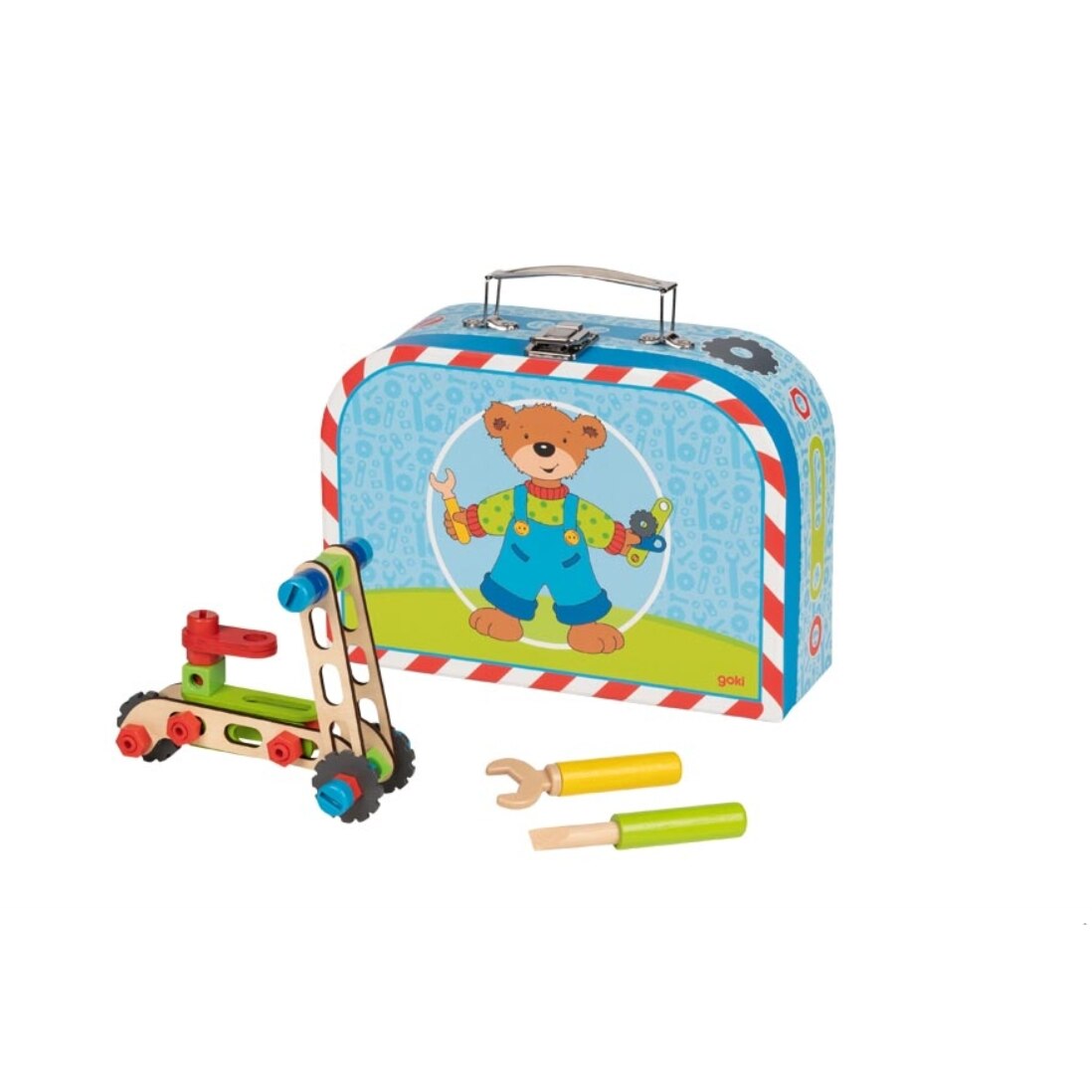 Set constructie din lemn - Vehicule intr-o valiza, multicolor, 59 piese, 25 x 8,5 x 19, lemn