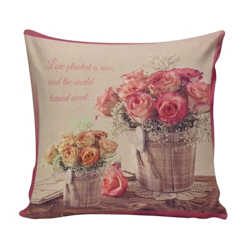 Perna decor Deco, bej si roz si galben, poliester plus fibra poliester siliconizata, cu print floral, 43 x 43 cm