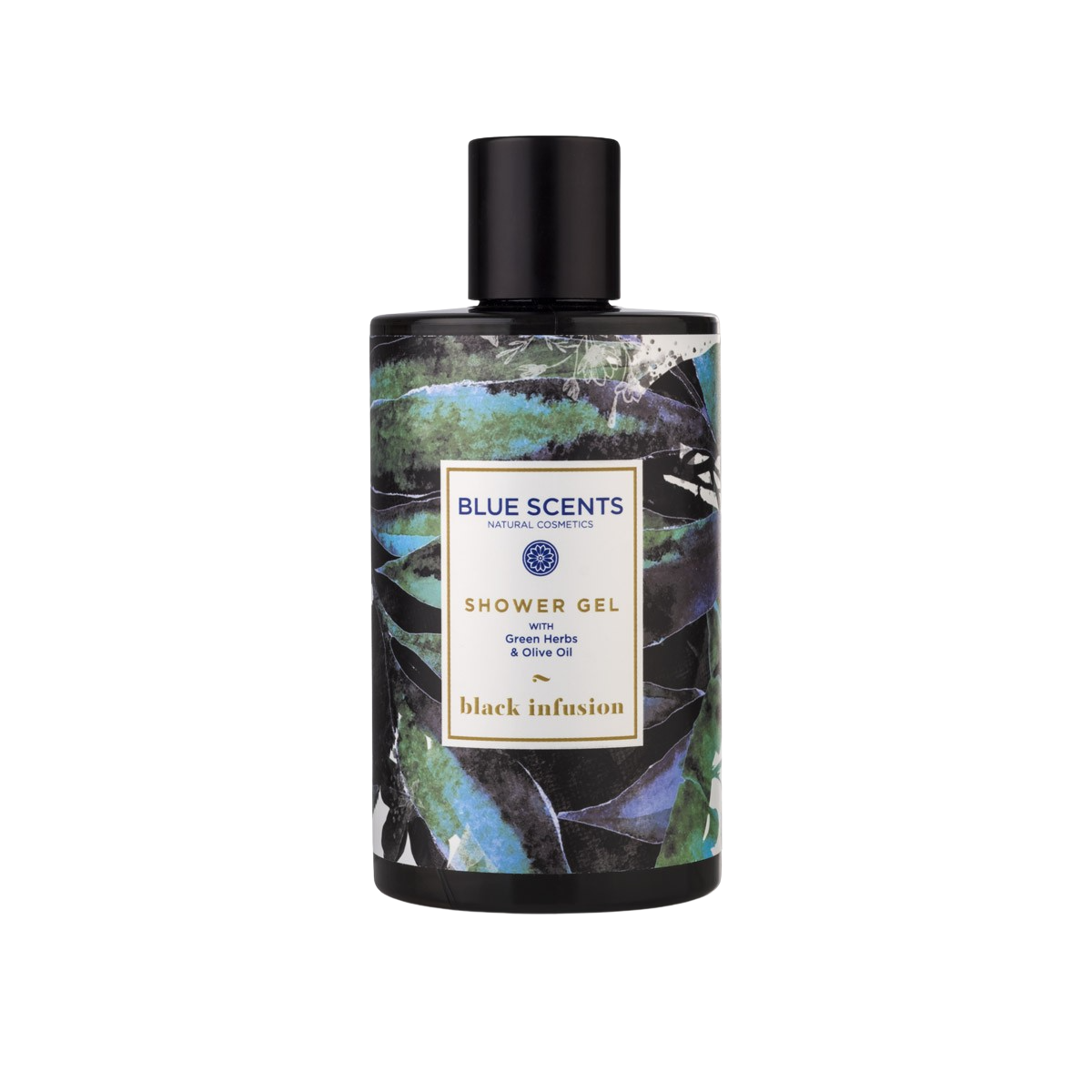 Gel de dus Blue Scents, infuzie neagra, cu ulei organic de masline si extract de ierburi grecesti, 300 ml