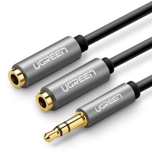Cablu audio, UGREEN, AV123, jack 3,5 mm tata la 2 x jack 3,5 mm mama, Placat cu aur 24K, Lungime 20 cm, Negru/Gri