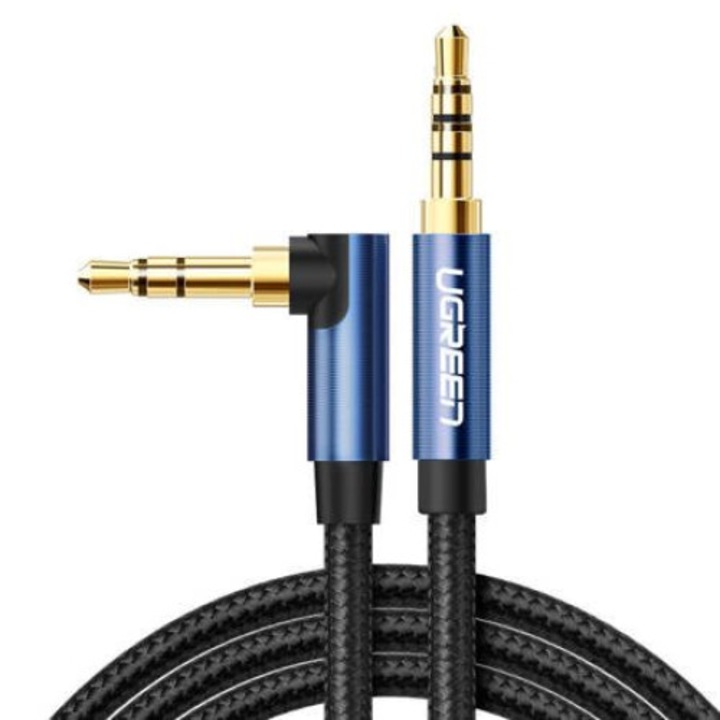 Cablu audio, UGREEN, AV119, AUX jack 3,5 mm la cot jack 3,5 mm, Conector placat cu aur 24K, Lungime 100 cm, Negru/Albastru