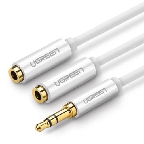 Cablu audio, UGREEN, AV123, AUX, 2 x jack 3,5 mama la jack 3,5 mm tata, Placat cu aur 24K, Lungime 25 cm, Alb