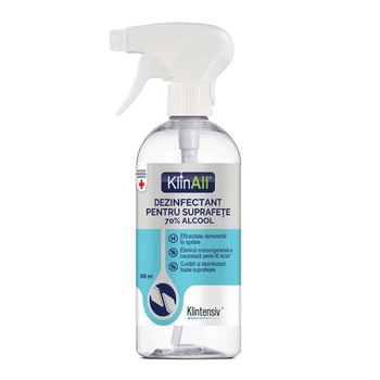 Dezinfectant pentru suprafete, gata de utilizare cu 70% alcool, impotriva bacteriilor si virusurilor, KLINALL, cu pulverizator, 500 ml Dezinfectant pentru suprafete, gata de utilizare cu 70% alcool, impotriva bacteriilor si virusurilor, KLINALL, cu pulverizator, 500 ml