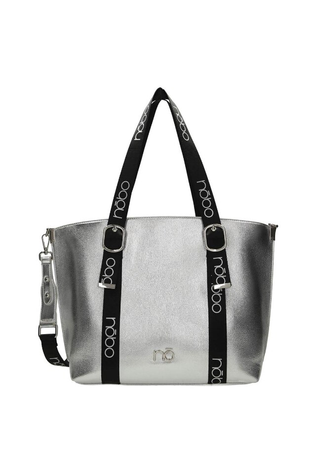 Geanta Nobo, Piele ecologica, 28 x 43.5 x 13 cm, Argintiu/Negru