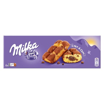 Prajitura cu bucatele de ciocolata lapte si crema de ciocolata Milka 175 g Prajitura cu bucatele de ciocolata lapte si crema de ciocolata Milka 175 g