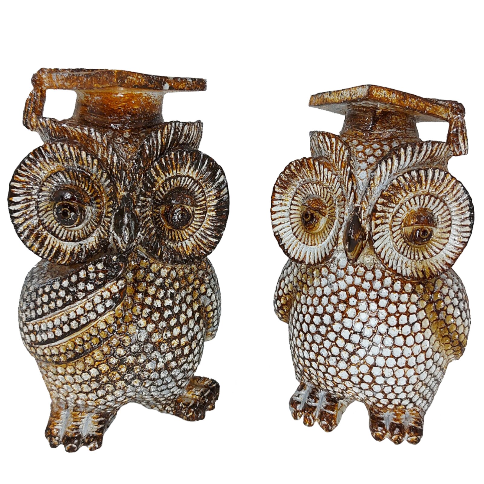 Set 2 Statuete ArtDeco Wisdom Bufnite din polirasina de culoare maron-ciocolatiu cu insertii punctiforme albe si sclipici