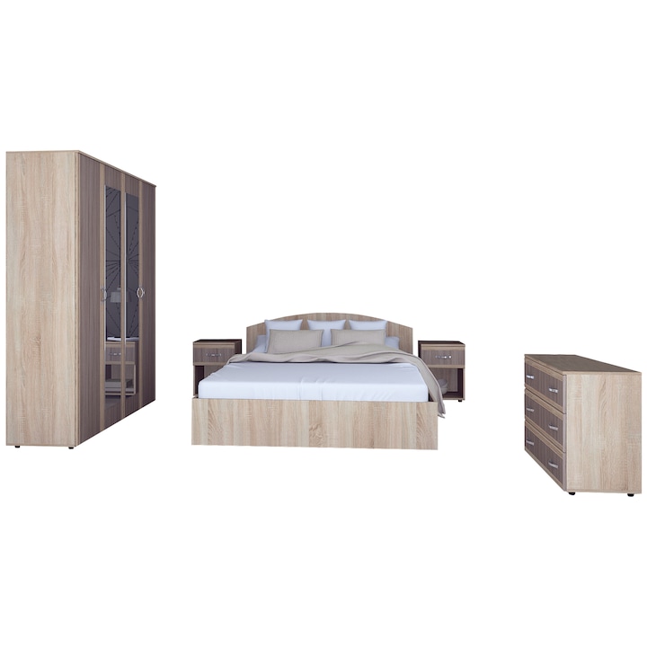 Set dormitor Valy 160x52x200cm, cu Dulap 4 Usi, Comoda, Pat si Noptiere, sonoma/trufe